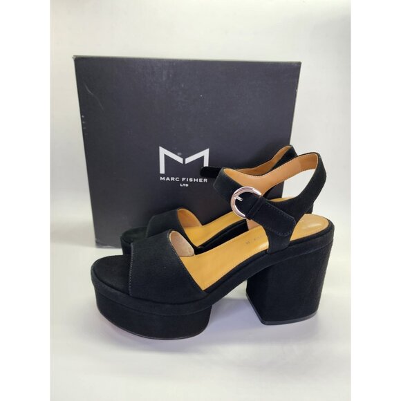 Marc Fisher Normi Block Heel Platform Sandal Size 10M Black Suede Dress Heels - Picture 1 of 16